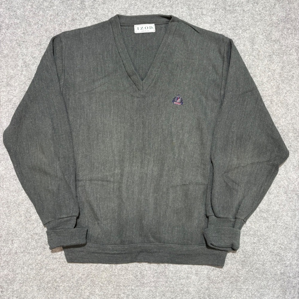 Vintage Izod Mens V-Neck Sweater Gray Crest Logo Made in USA Size L